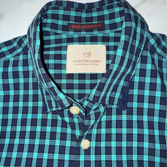 Scotch & Soda Luxury Garment Men’s Plaid Button Down Shirt Size M - Teal & Navy - Picture 13 of 13